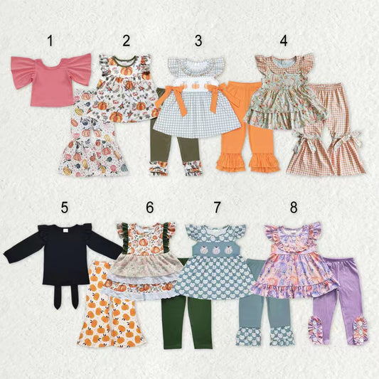 Sibling Baby Girls Kids Pumpkins Flower Tops Pants Fall Clothes Sets RTS