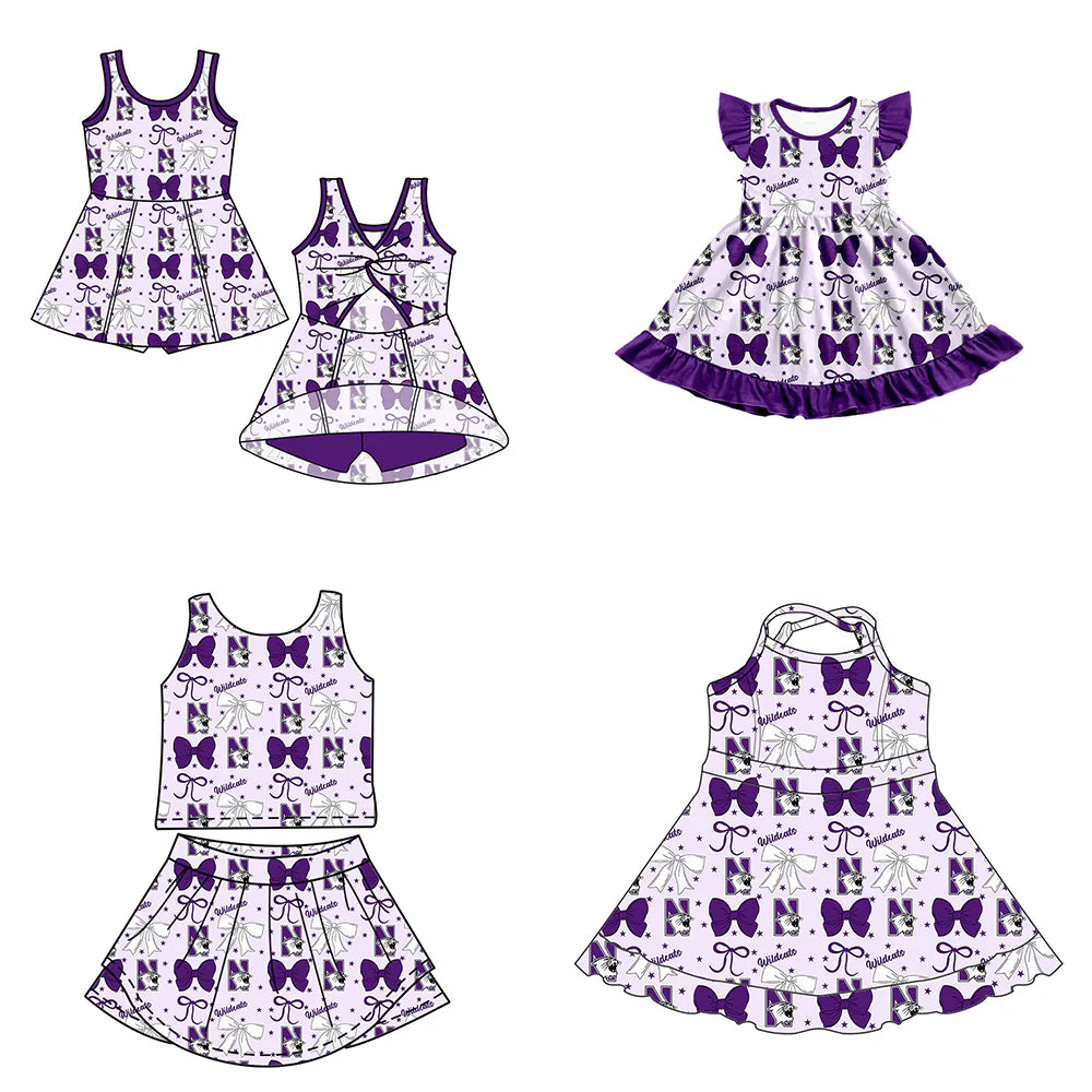 ( Moq 5 each style ) Baby Girl Toddler Cats Team Purple Bows Sibling Dress Set 6.27