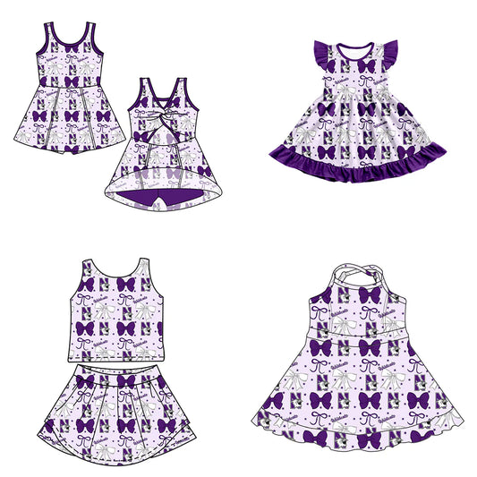 ( Moq 5 each style ) Baby Girl Toddler Cats Team Purple Bows Sibling Dress Set 6.27