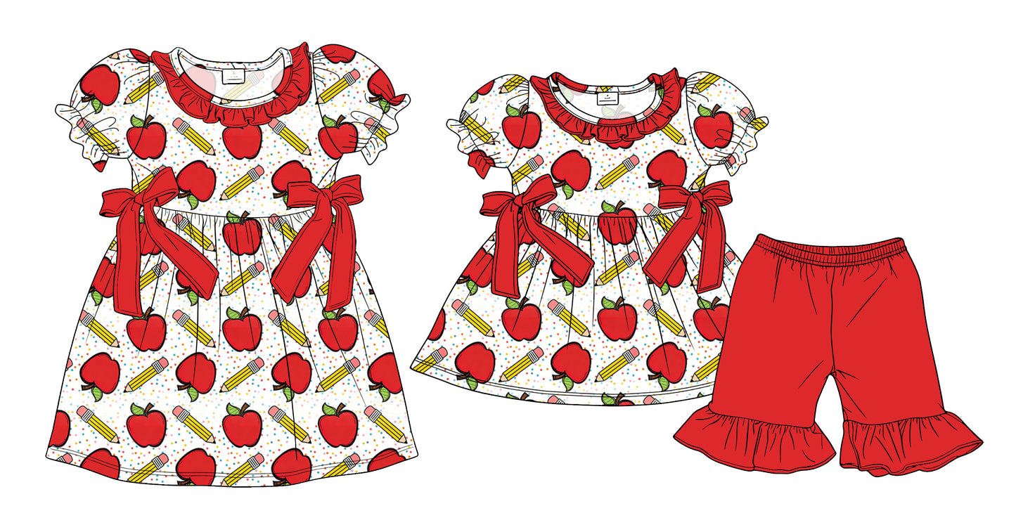 ( Moq 5 Each Style ) Sibling Baby Girls Kids Apple Pencil Bows Dress Set Back to School Clothes