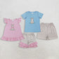 Sibling Baby Boys Girls Short Sleeves Embroidery Rabbit Tops Plaid Shorts Easter Sets RTS