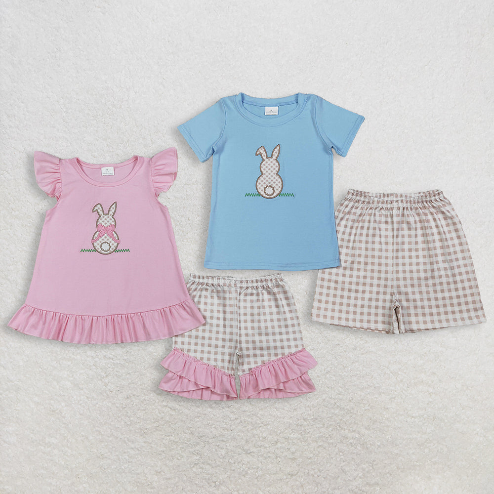 Sibling Baby Boys Girls Short Sleeves Embroidery Rabbit Tops Plaid Shorts Easter Sets RTS