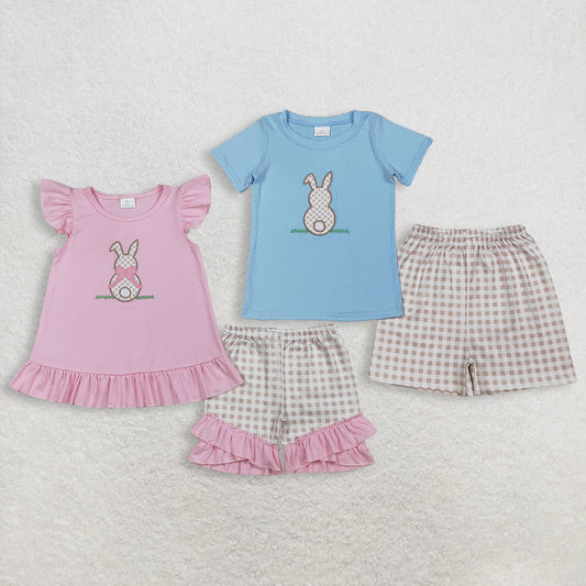 Sibling Baby Boys Girls Short Sleeves Embroidery Rabbit Tops Plaid Shorts Easter Sets RTS
