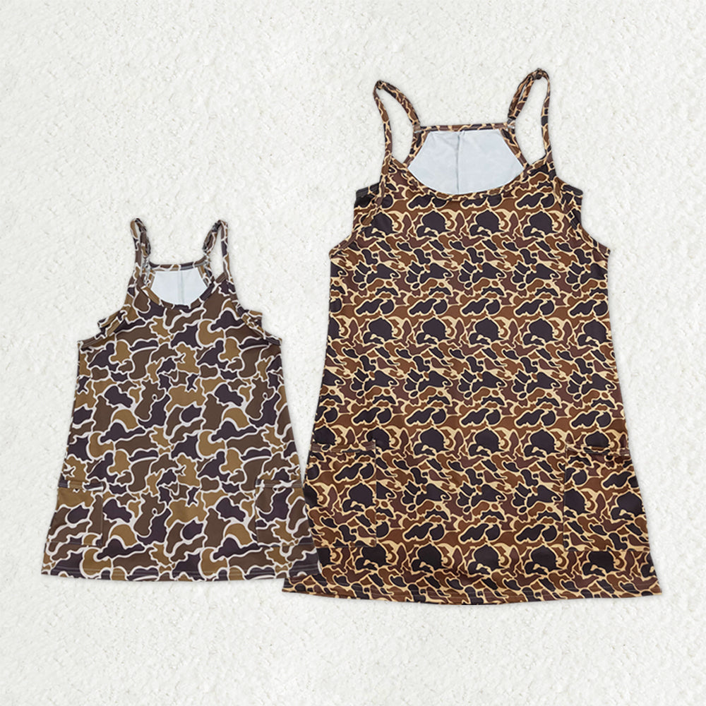 Sibling Baby Girls Adult Women Straps Brown Camo Pockets Yoga Active Mommy and Me Dresses RTS