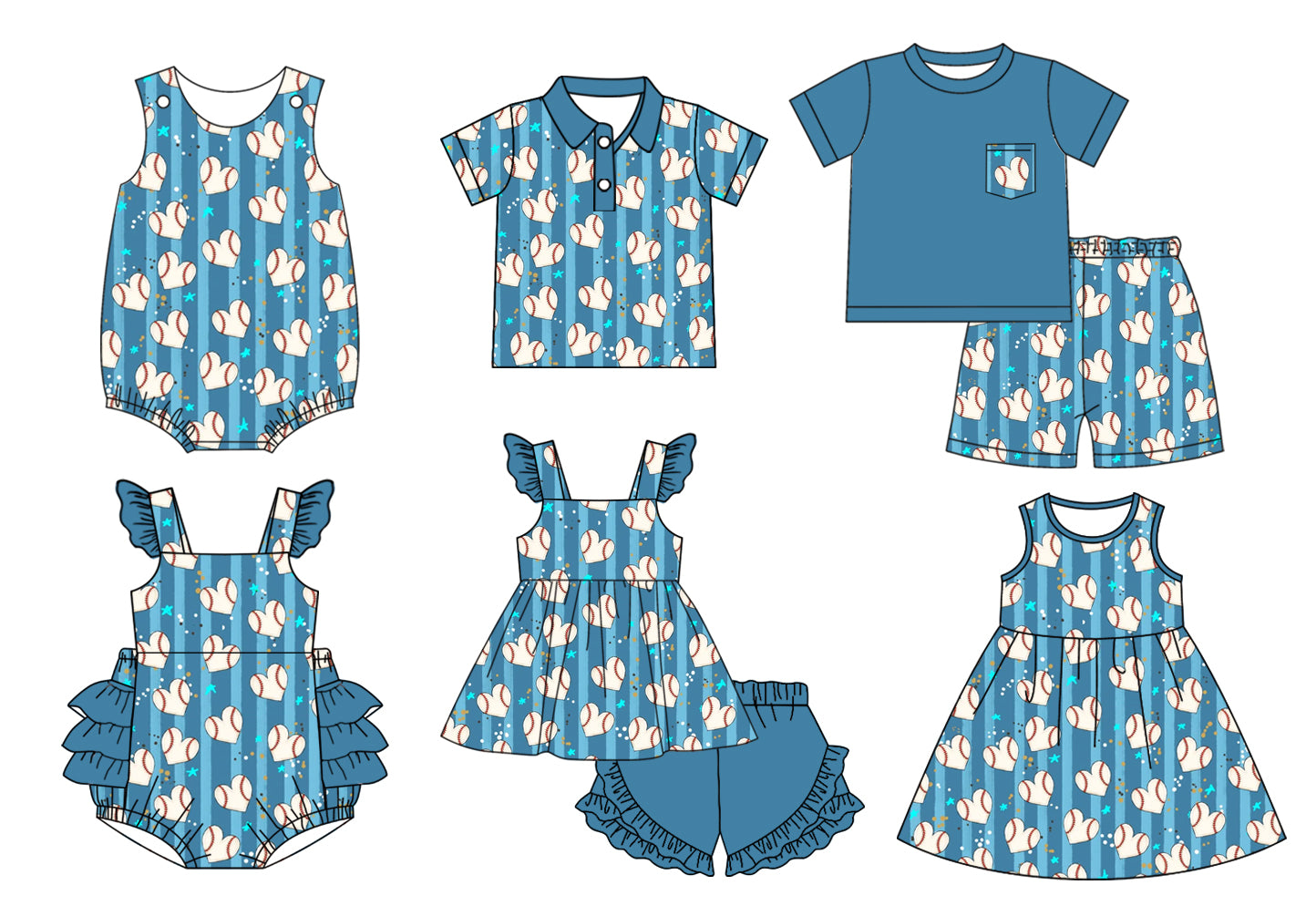 Baby Boy Girl Hearts Baseball Sibling Matching Dress Romper Clothes Set ( Moq 5 Each style )