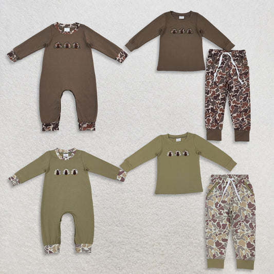 Sibling Baby Boys Kids Long Sleeves Embroidery turkey Camo Rompers Sets Thanksgiving Clothes RTS