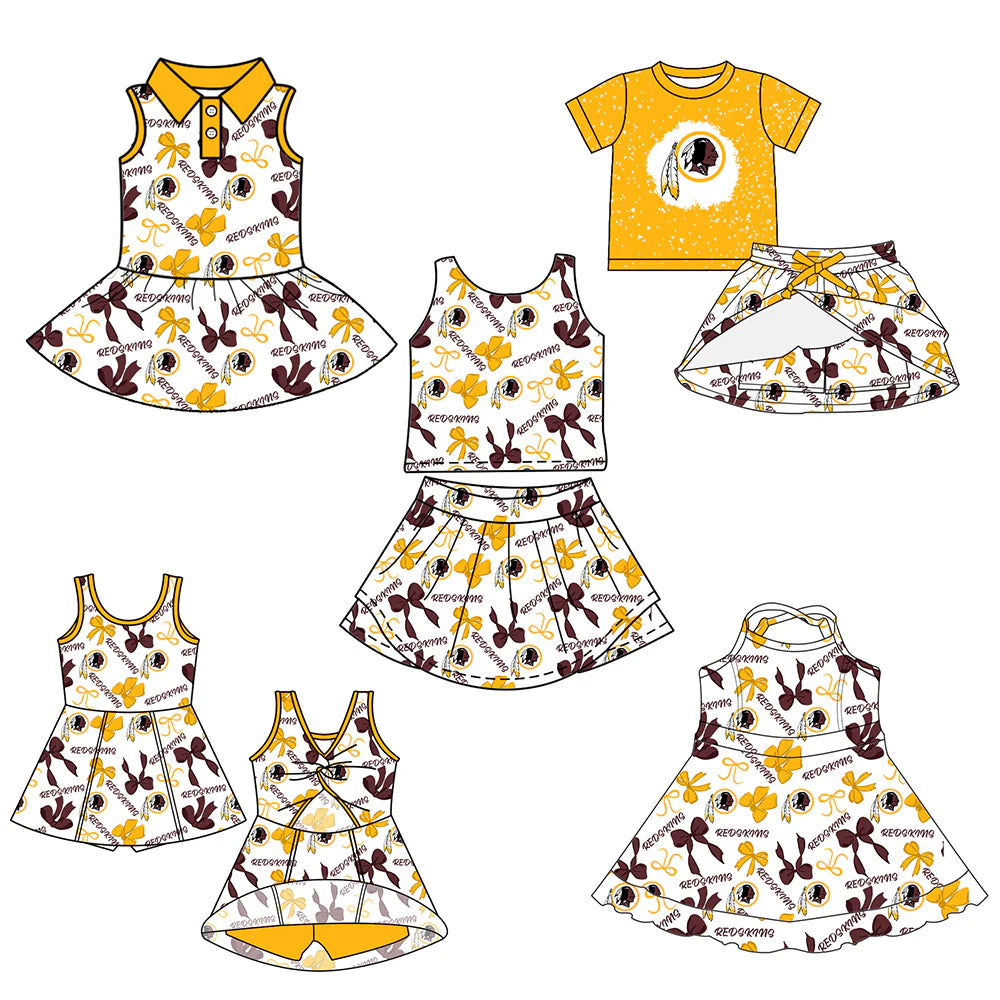 ( Moq 5 each style ) Baby Girl Toddler Team Yellow Bows Sibling Skort Dress Set 6.9