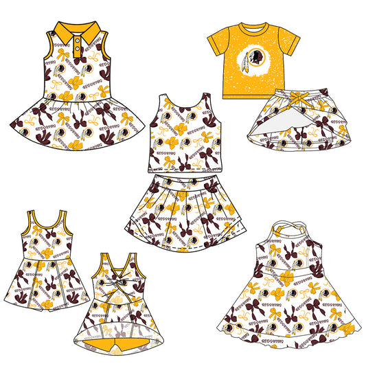 ( Moq 5 each style ) Baby Girl Toddler Team Yellow Bows Sibling Skort Dress Set 6.9