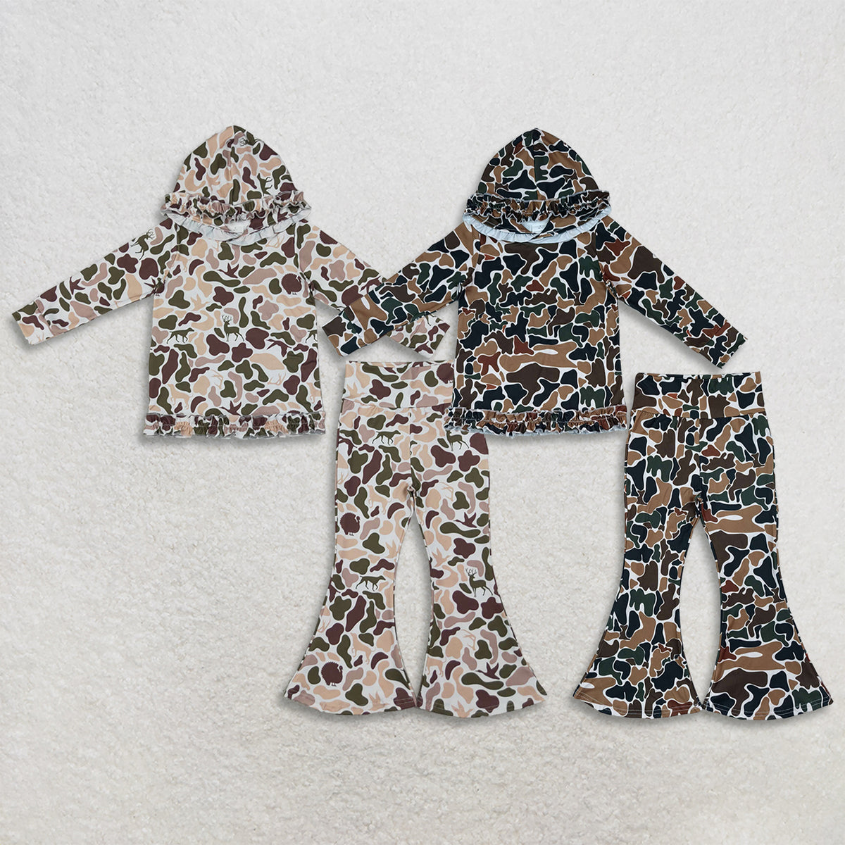 Sibling Baby Girls Long Sleeves Camo Print Hoodie Pullovers Bell Pants Hunting Clothes Sets RTS