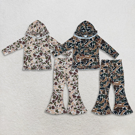 Sibling Baby Girls Long Sleeves Camo Print Hoodie Pullovers Bell Pants Hunting Clothes Sets RTS