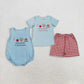 Sibling Baby Boys Kids Short Sleeves Blue Shirt Red Plaid Shorts Set Bubble Romper RTS