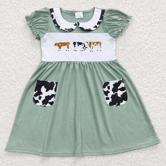 GSD0347 Baby Girl Short Sleeves Embroidery Farm Cow Summer Pocket Cotton Dress