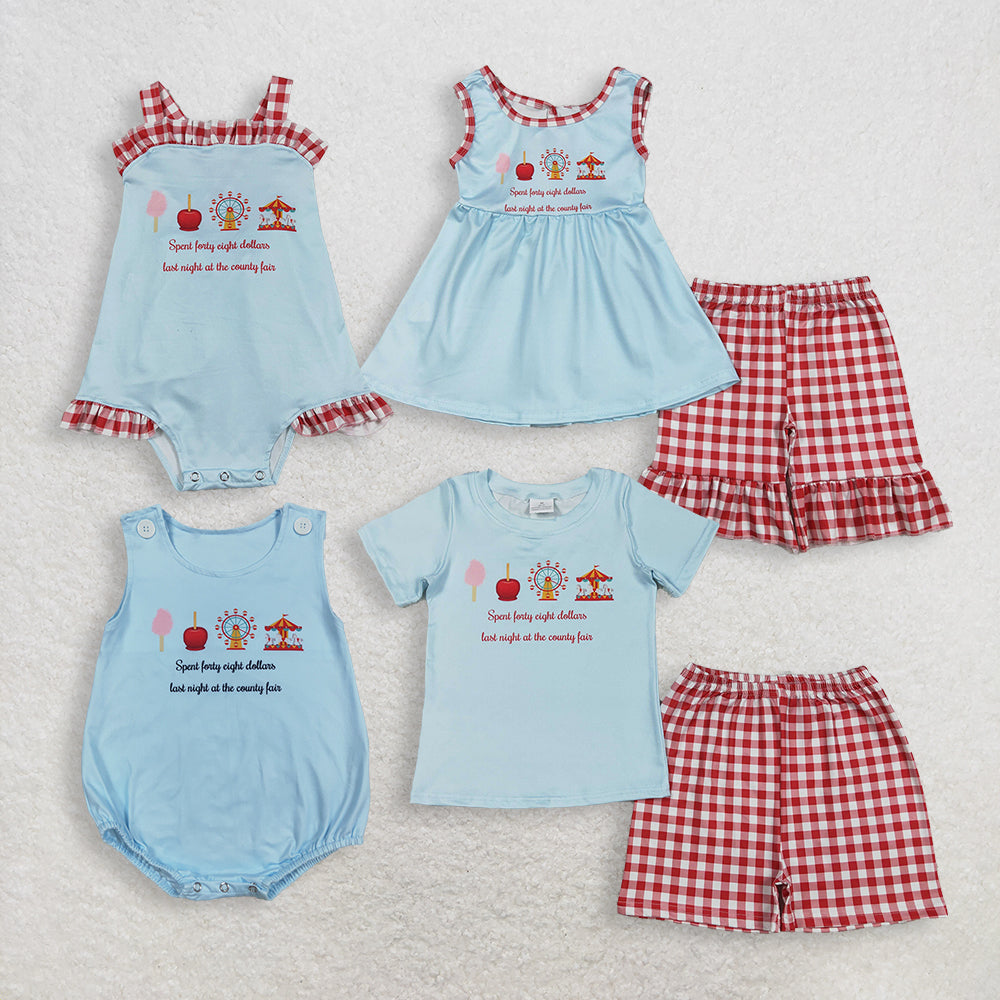 Sibling Baby Boys Girls Blue Tops Red Plaid Shorts Clothes Rompers Sets RTS