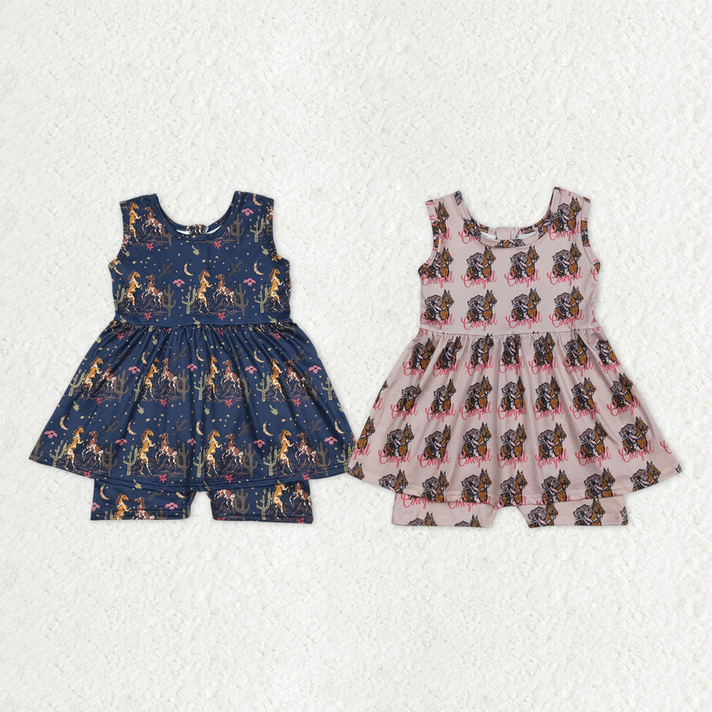 Sibling Baby Girls Sleeveless Western Horse Cactus Zipper Shorts Jumpsuit RTS