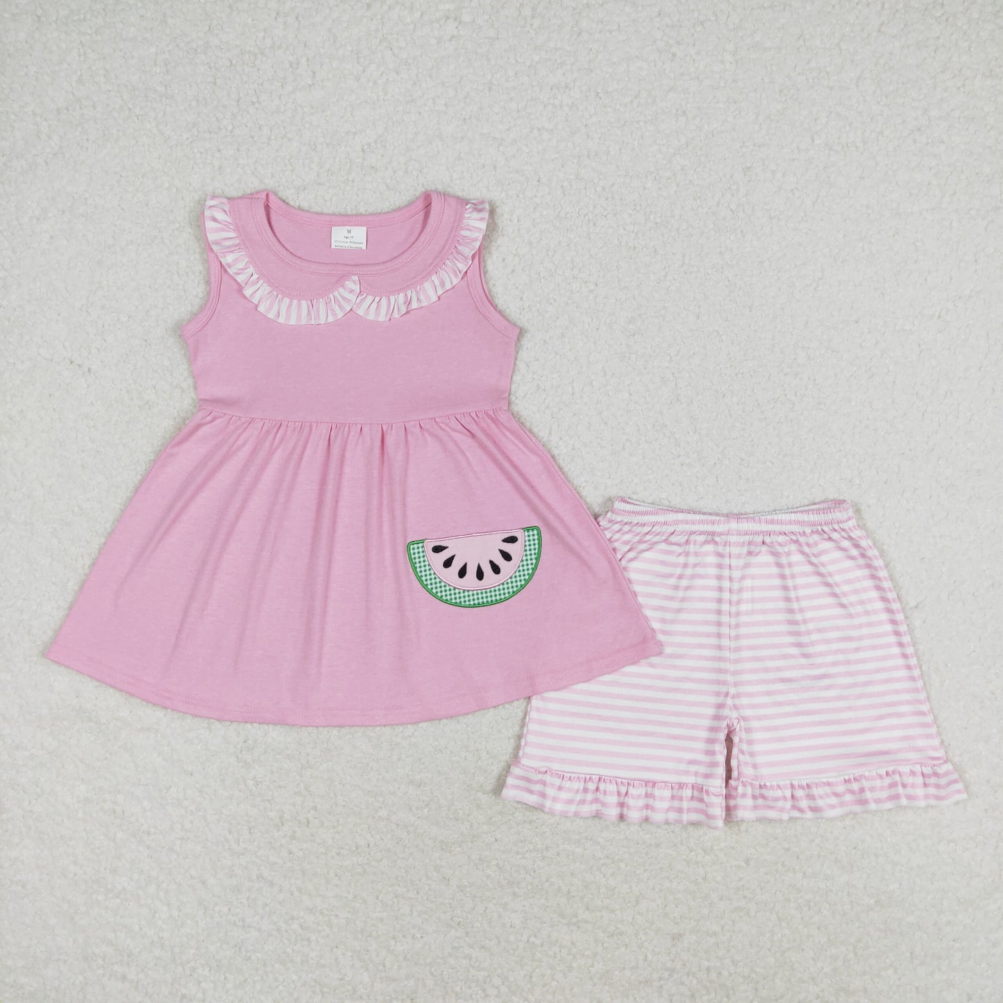 Baby Girl Embroidery Watermelon Tops Pink Stripes Ruffle Shorts Outfit