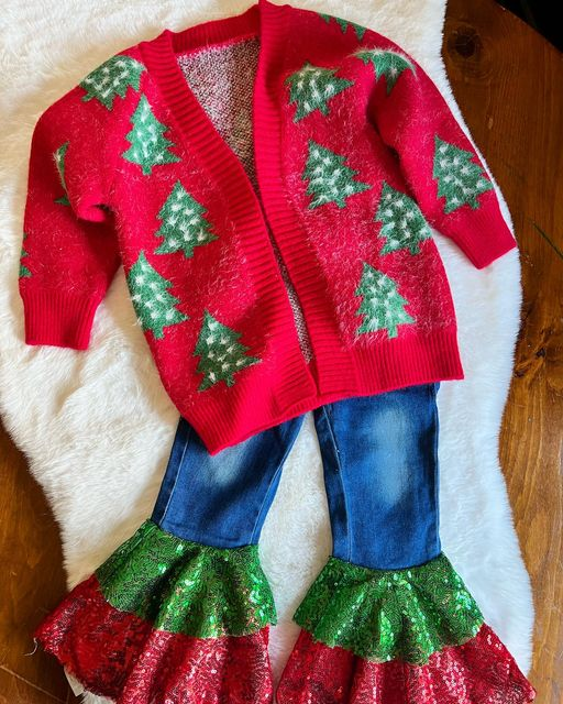 Christmas Baby Girl Christmas Tree Red Sweater Sequins Denim Pants Outfit