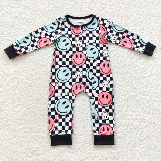 LR0304 Baby Girl Long Sleeves Smile Floral Zipper Romper