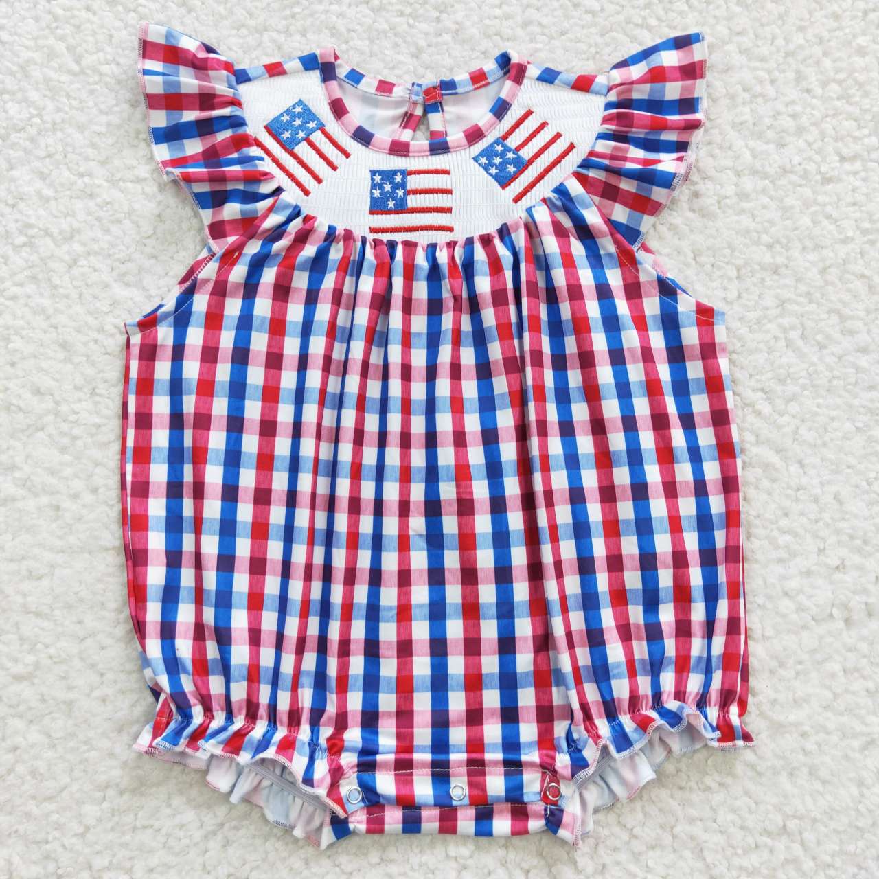 SR0388 July 4th Baby Girl Smocked Gingham Embroidery Romper