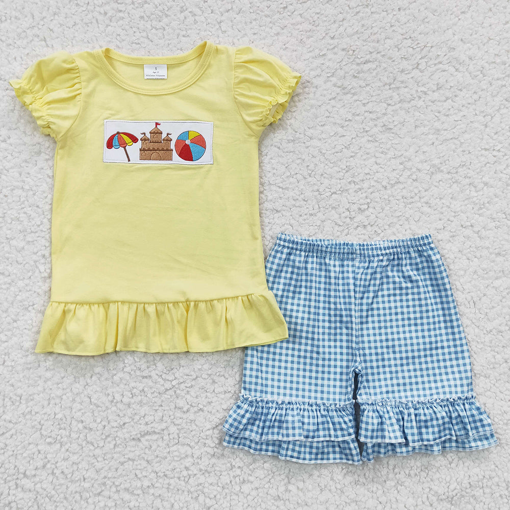 BSSO0248 Baby Boy Short Sleeves Embroidery Castle Shirt Plaid Shorts Summer Outfit