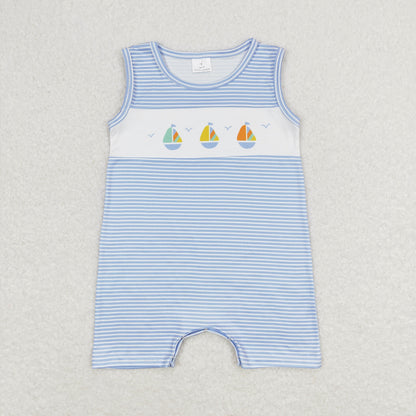 Baby Boy Sleeveless Boats Stripes Blue One Piece Romper