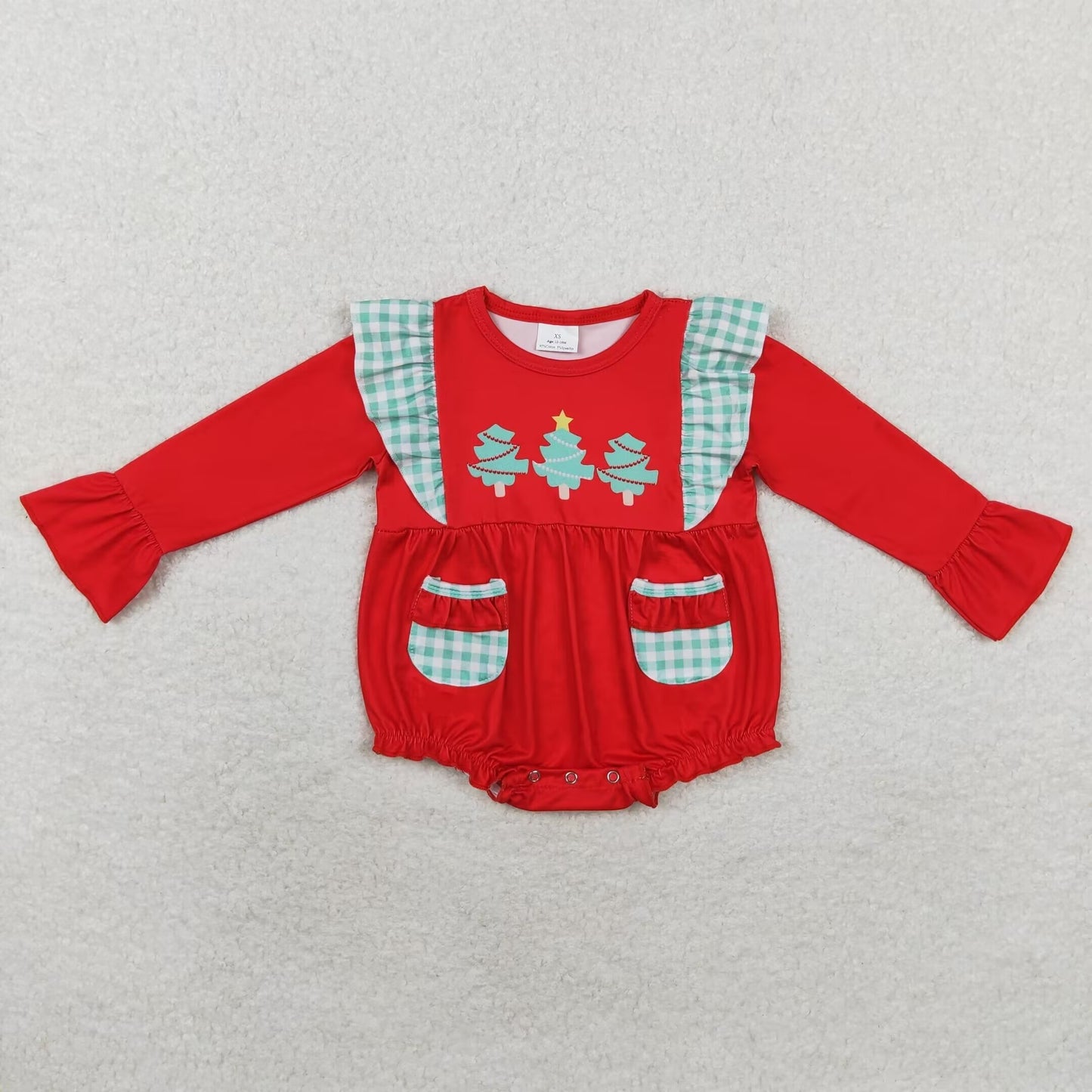 Baby Girl Christmas Tree Pockets Long Sleeves Red Romper