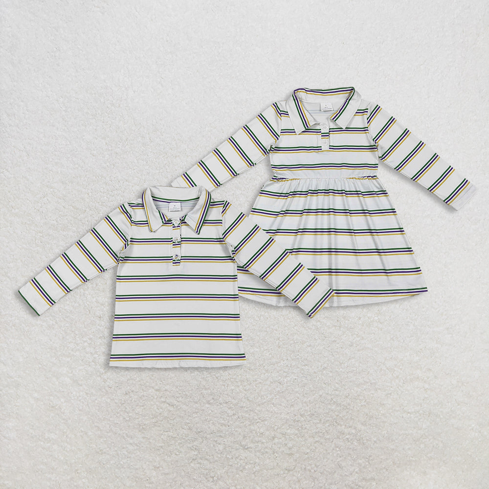 Sibling Baby Girls Long Sleeves Stripes Buttons Mardi Gras Polo Shirt Dress RTS