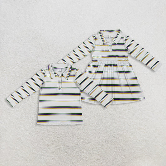 Sibling Baby Girls Long Sleeves Stripes Buttons Mardi Gras Polo Shirt Dress RTS