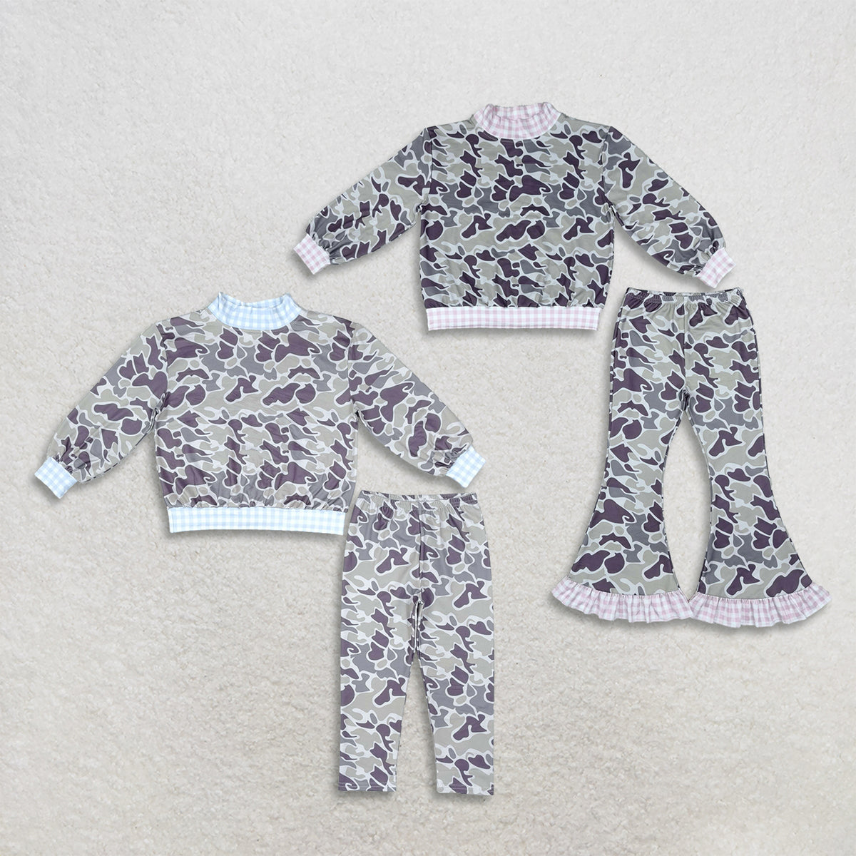 Sibling Baby Boys Girls Kids Long Sleeves Mock Neck‌ Shirts Camo Pants Sets Clothes RTS