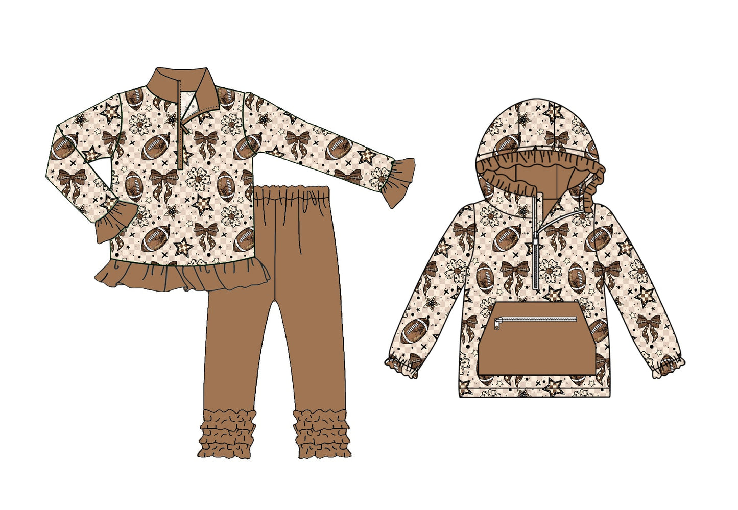 ( Moq 5 Each Style ) Baby Boy Toddler Football Bows Flower Plaid Sibling Hoodie Shirt Set