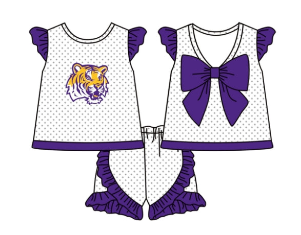 Baby Girl Short Sleeves Tiger Team Purple Bow Tunic Ruffle Shorts Clothes Set ( Moq 5 )