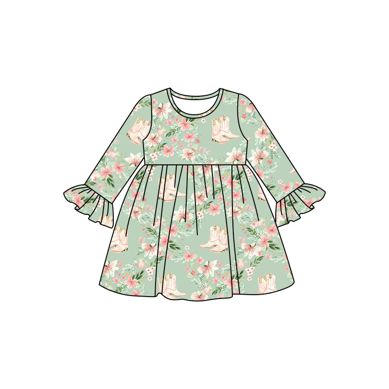 Baby Girl Long Sleeves Boots Flower Western Green Dress