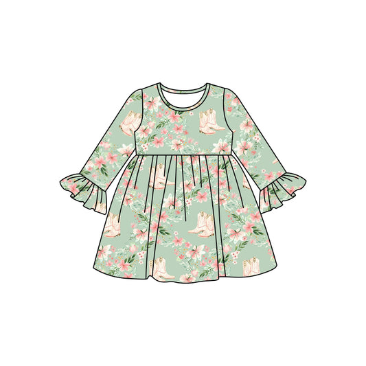 Baby Girl Long Sleeves Boots Flower Western Green Dress