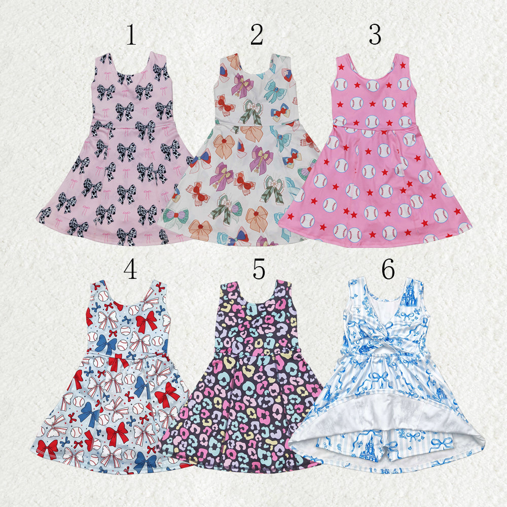 Baby Girl Sleeveless Bows Leopard Flower Sibling Yoga Active Kids Wear Dress RTS