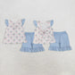 Baby Girl Short Sleeves Flower Bows Plaid Tunic Ruffle Blue Shorts Clothes Set RTS