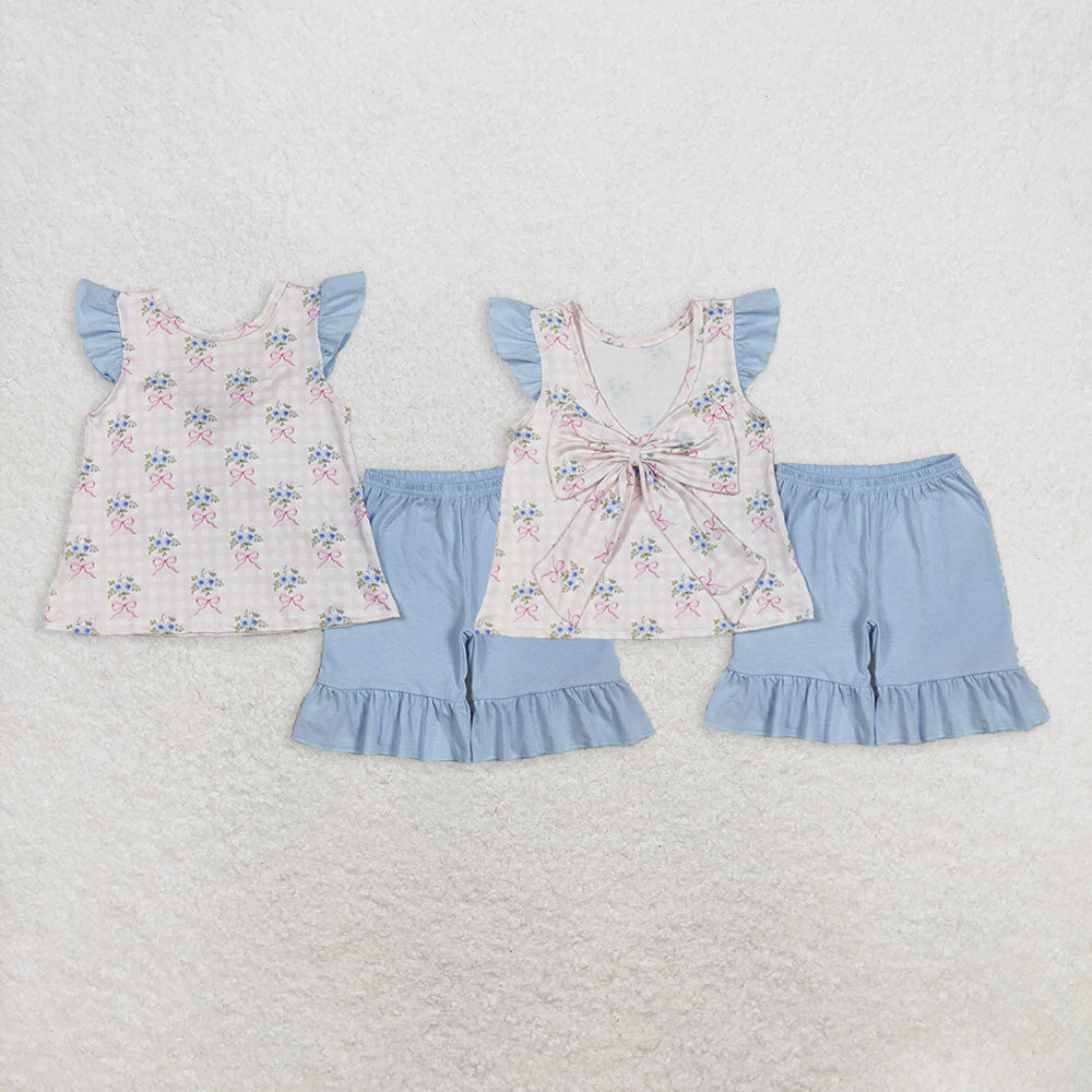 Baby Girl Short Sleeves Flower Bows Plaid Tunic Ruffle Blue Shorts Clothes Set RTS