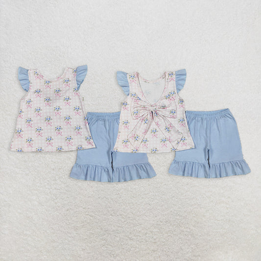 Baby Girl Short Sleeves Flower Bows Plaid Tunic Ruffle Blue Shorts Clothes Set RTS