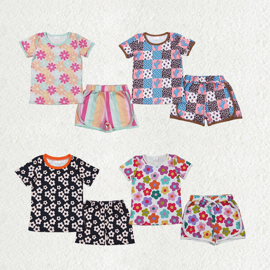 Baby Girl Short Sleeves Flower Plaid Shirt Shorts Sibling Summer Clothes Set RTS