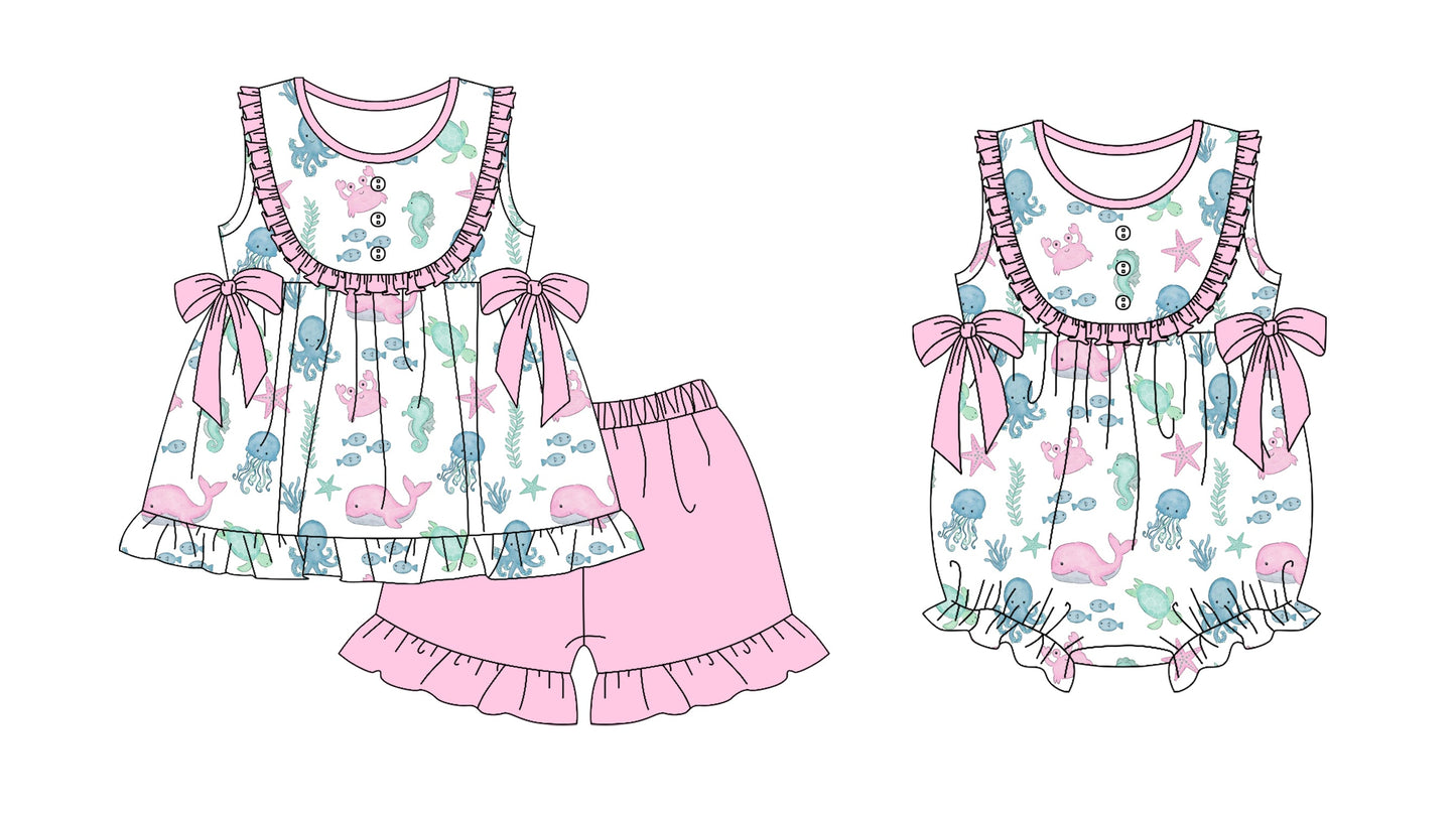 ( Moq 5 Each Style ) Baby Girl Sea Animals Bows Sibling Romper Set 3.25