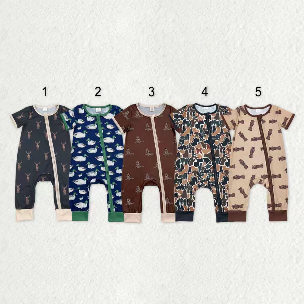 Boys Infant Short Sleeves Deer Ducks Camo Sibling Bamboo Zipper Romper RTS
