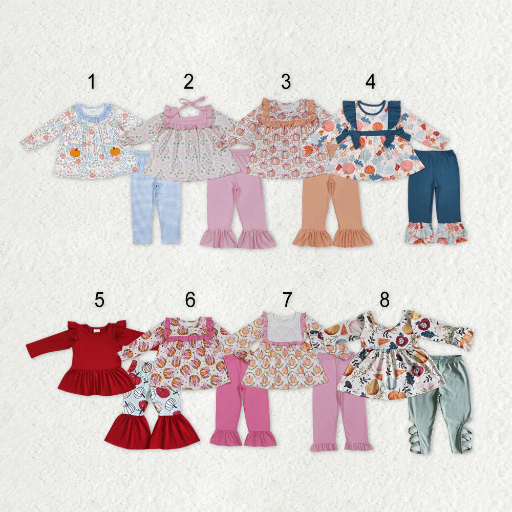 Sibling Baby Girls Long Sleeves Flowers Pumpkins Tunic Pants Fall Clothes Sets RTS