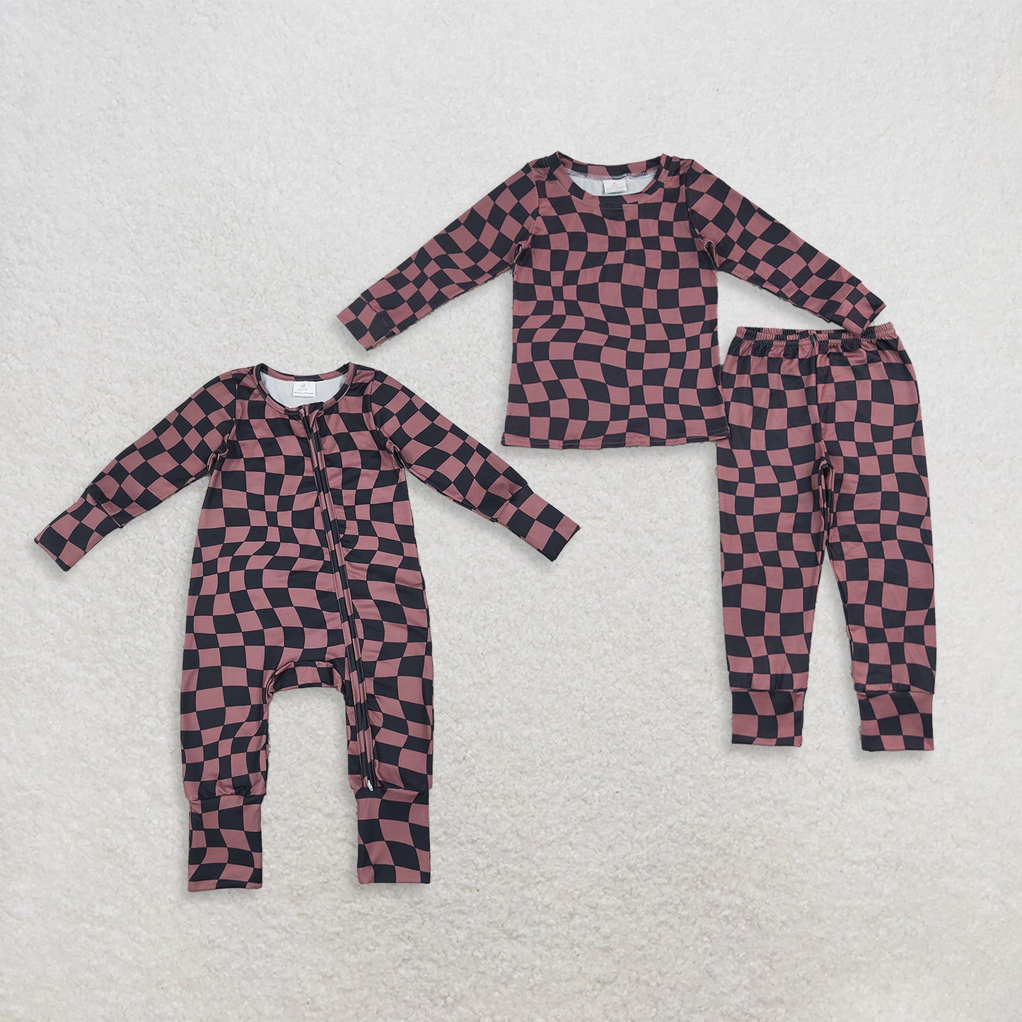 Sibling Baby Boys Kids Long Sleeves Checked Zipper Footie Romper Pajamas Set Clothes RTS