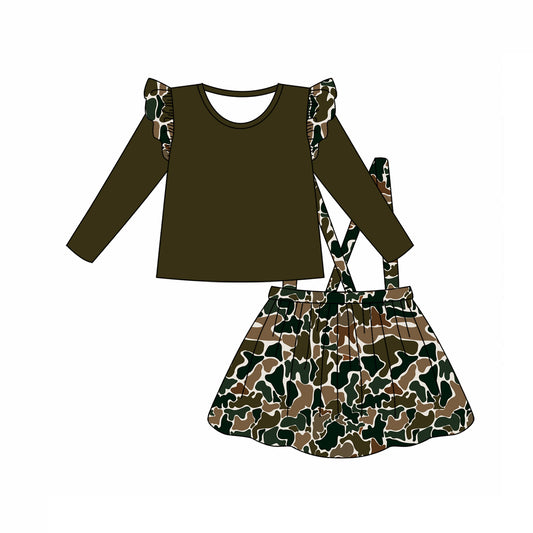 Baby Girl Dark Brown Top Camo Suspender Skirt Clothes Set