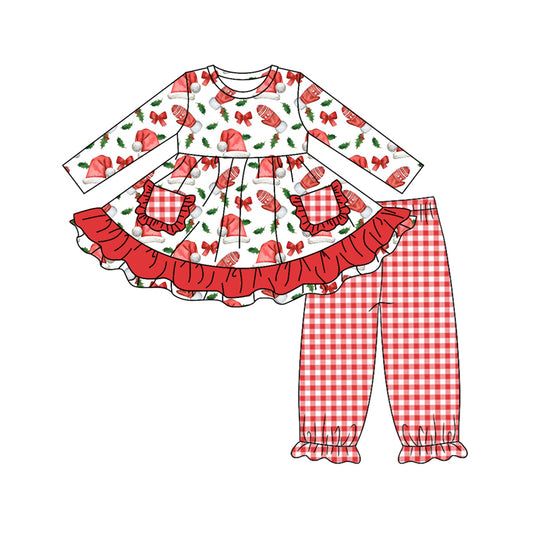 Baby Girl Long Sleeves Hats Gloves Christmas Tunic Red Plaid Pants Set