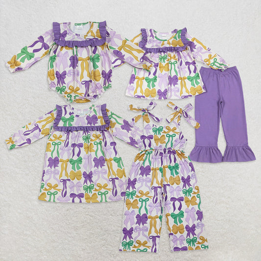 Sibling Girls Kids Colorful Bows Purple Ruffle  Mardi Gras Jumpsuit Dress Set RTS