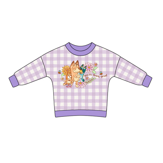 Baby Girl Long Sleeves Dogs Flower Purple Plaid Shirt