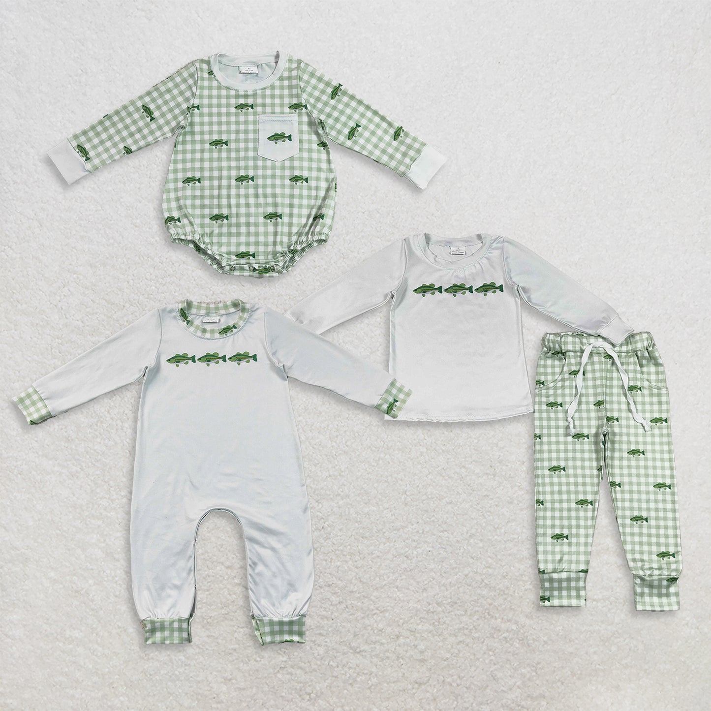 Sibling Baby Boys Infant Long Sleeves Fish Green Plaid Rompers Set Clothes RTS