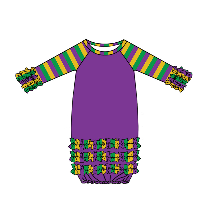 Baby Girl Mardi Gras Long Sleeves Newborn Stripes Purple Gown Knotted Romper