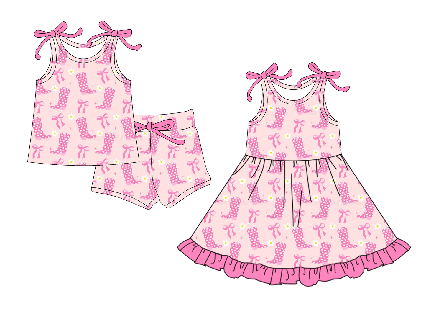( Moq 5 Each Style ) Baby Girl Straps Flower Boots Bows Sibling Dress Set 4.16