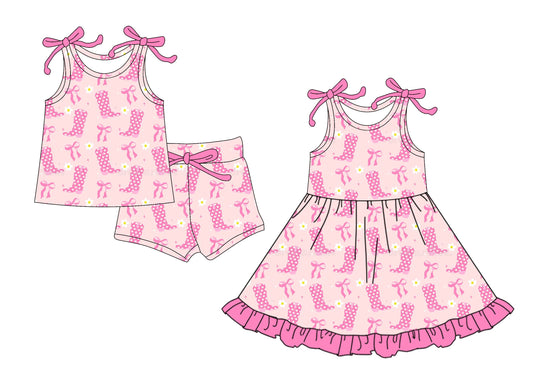 ( Moq 5 Each Style ) Baby Girl Straps Flower Boots Bows Sibling Dress Set 4.16