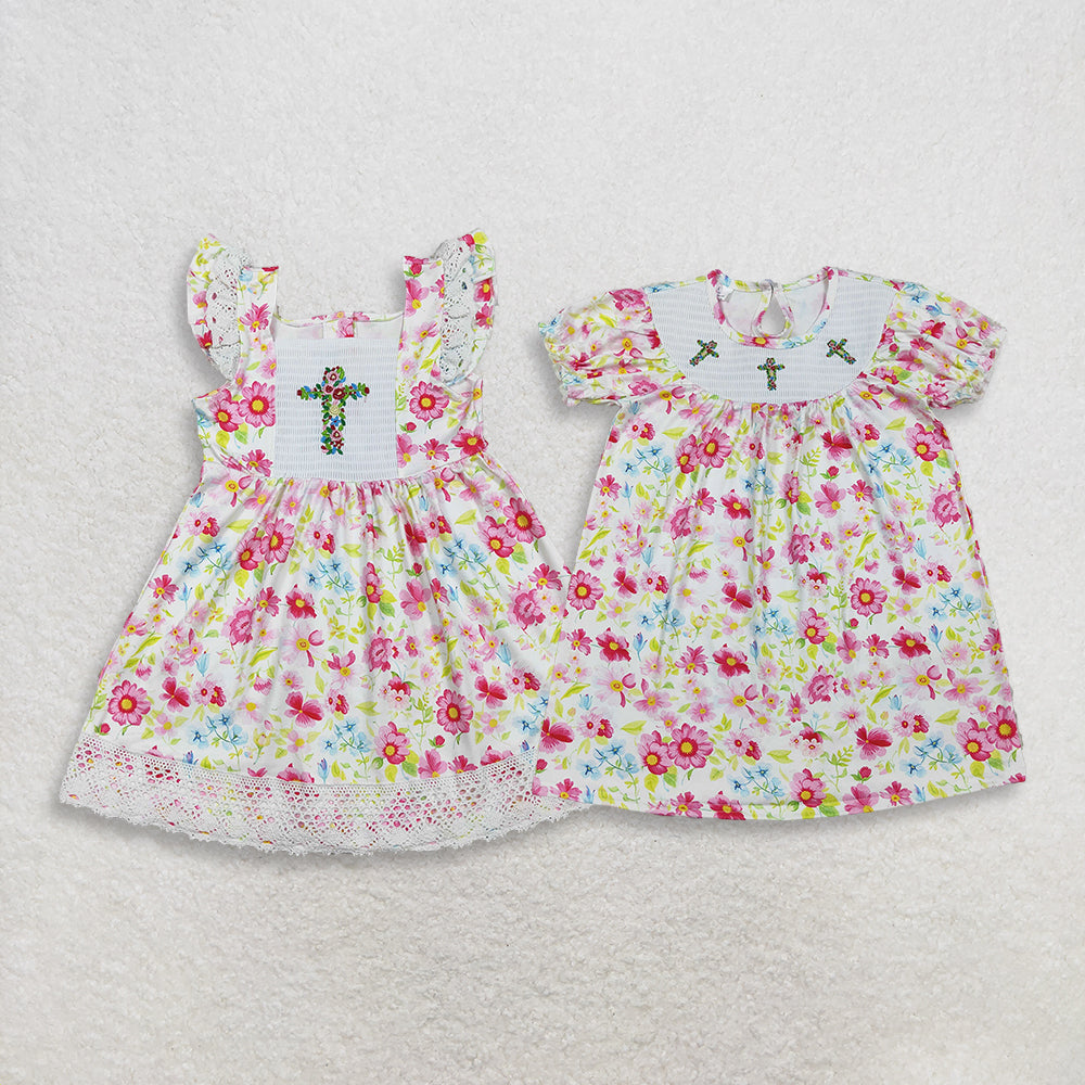 Sibling Baby Girls Kids Short Sleeves Embroidery Crosses Flower Easter Knee Length Dresses RTS